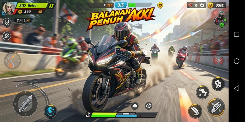 Tampilan gameplay balapan motor yang mendebarkan di 8ID.