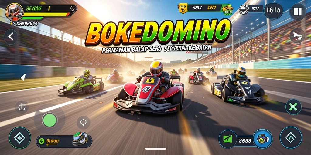 Screenshot gameplay BOKEDOMINO menampilkan balapan mendebarkan di lintasan yang unik.