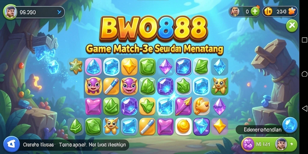 Screenshot gameplay BWO888 yang menunjukkan kecocokan permata warna-warni.