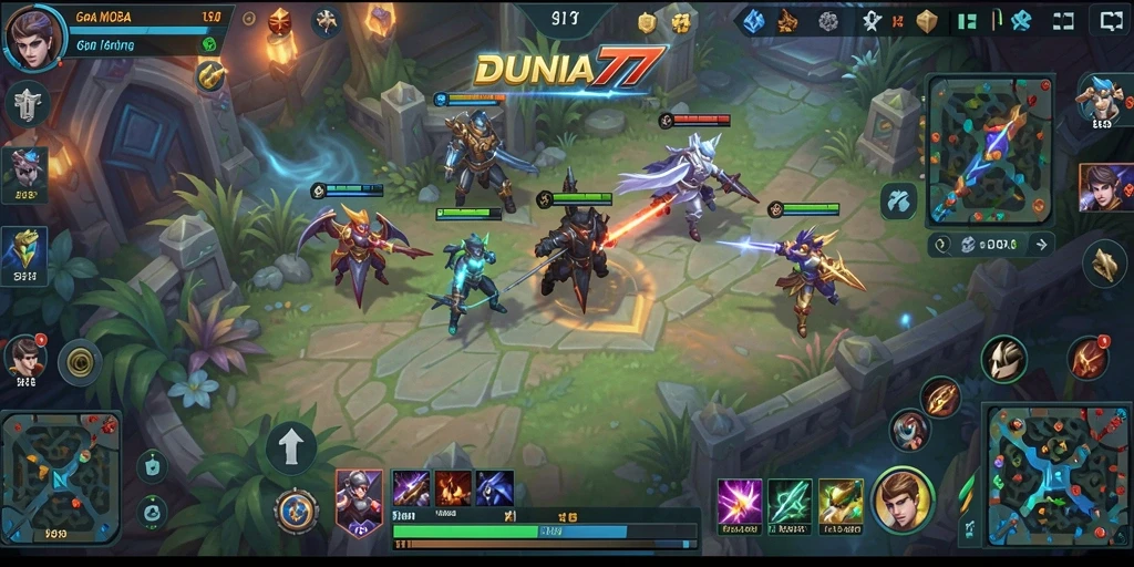 Gameplay seru dalam DUNIA77, dengan pertarungan tim yang dinamis.