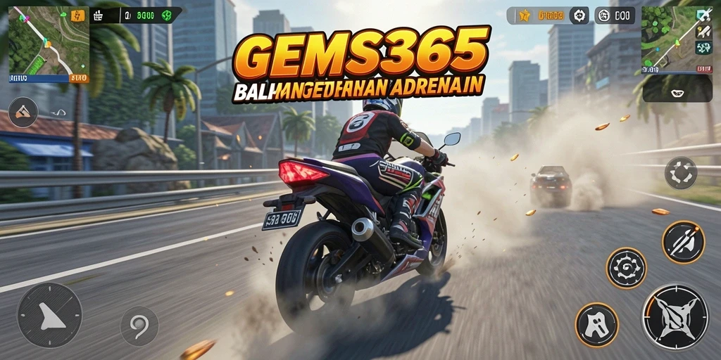 Tampilan gameplay mendebarkan dari GEMS365 dalam balapan motor.