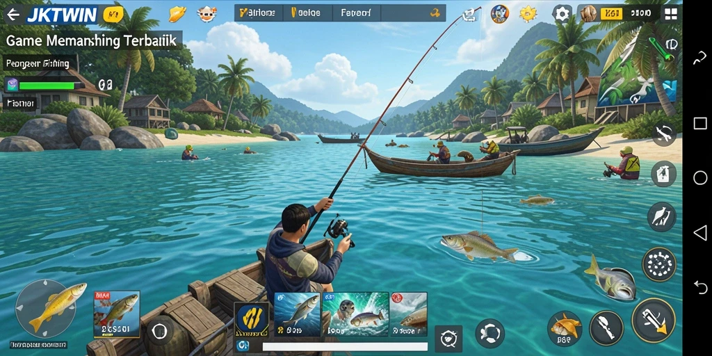 Screenshot gameplay JKTWIN yang menampilkan suasana memancing yang seru.