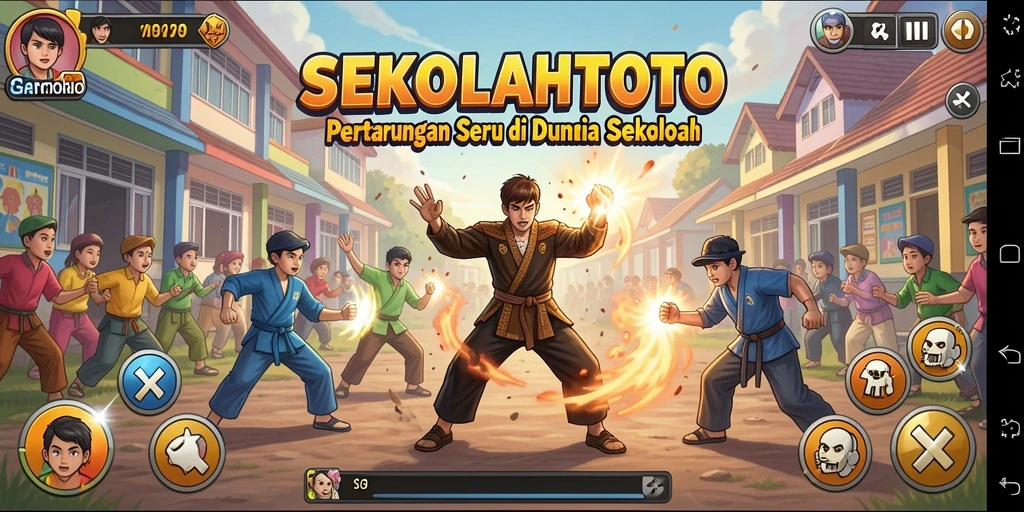 Tangkapan layar utama dari <strong>SEKOLAHTOTO</strong> menampilkan pertarungan epik di arena sekolah.