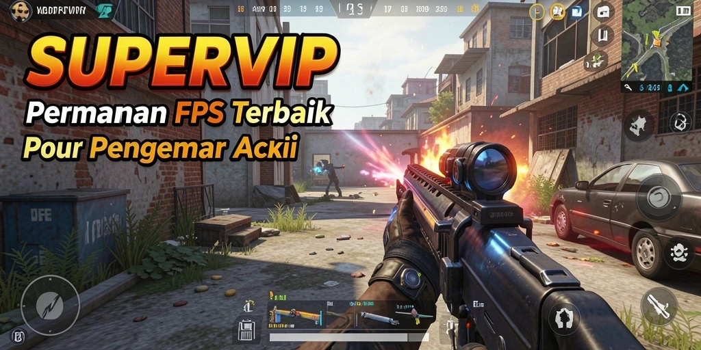 Screenshot utama gameplay SUPERVIP menampilkan aksi tembak-menembak yang mendebarkan.